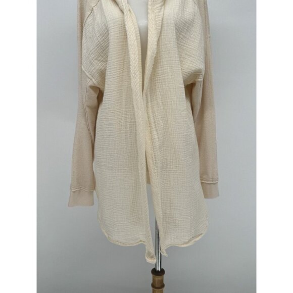 Anthropologie Women’s Cream S Hooded Mixed Media Cardigan Sweater Bobo Cozy - Picture 3 of 12